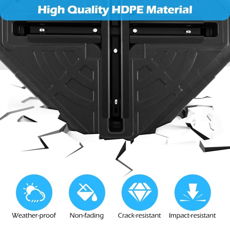 Weighted offset umbrella base made of HDPE, featuring a fillable design and cross bracket for stability.