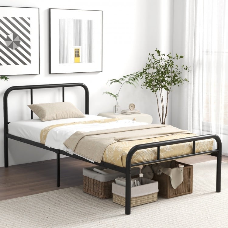 Modern black metal platform bed with headboard and footboard, featuring 12-inch under-bed space for storage and easy.