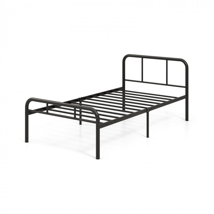 Modern black metal platform bed with headboard and footboard, featuring sturdy slats and 12-inch under-bed space.