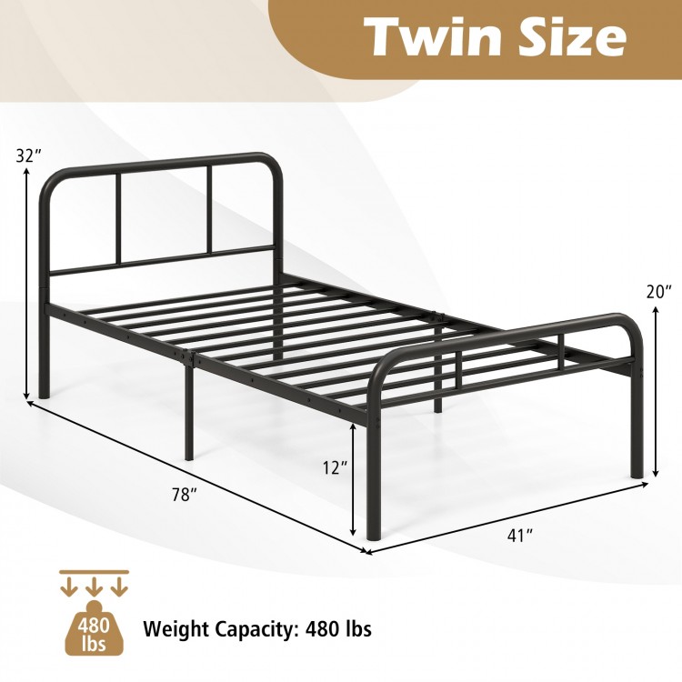 Twin size modern metal platform bed in black with headboard and footboard, featuring 12-inch under-bed space for.