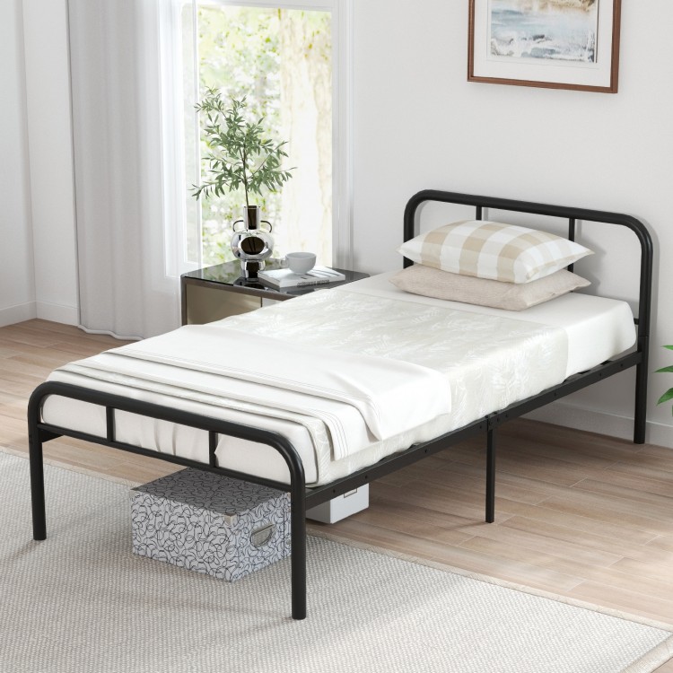 Modern black metal platform bed with headboard and footboard, featuring 12-inch under-bed space for storage.
