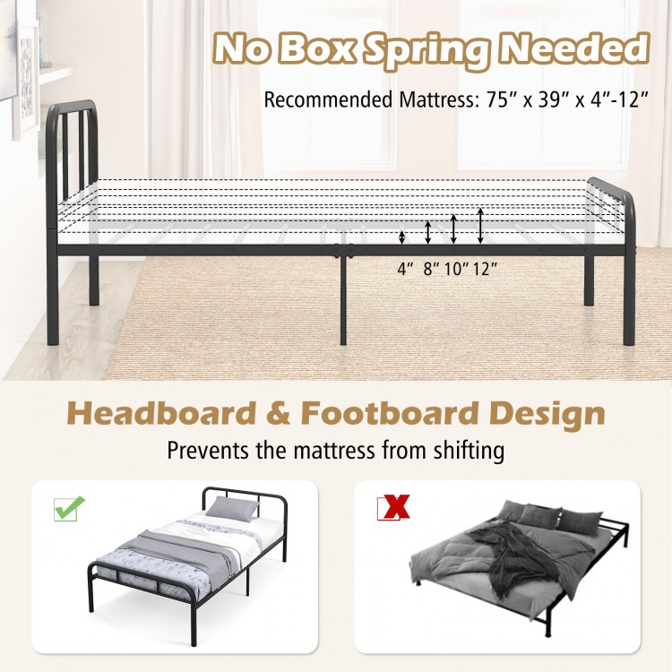 Modern black metal platform bed with headboard and footboard, designed for 4"-12" mattresses, preventing mattress.