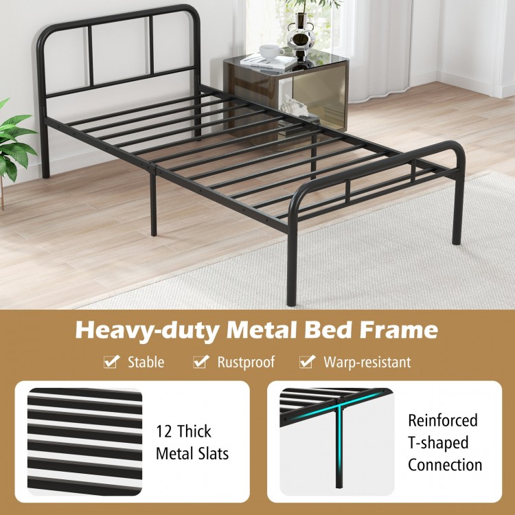 Modern black metal platform bed frame with headboard, featuring 12 sturdy slats for mattress support and stability.