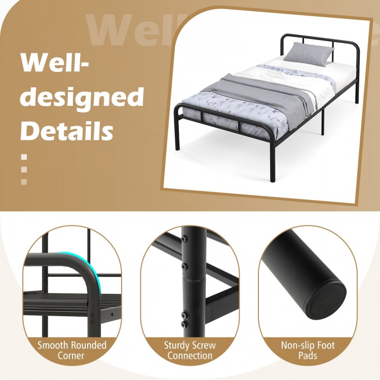 Modern metal platform bed in black featuring a sturdy design, rounded corners, and non-slip foot pads for stability.