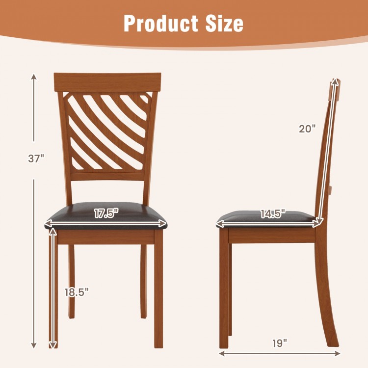 Dimensions of the walnut dining chair set with rubber wood legs, featuring an ergonomic backrest for comfort.