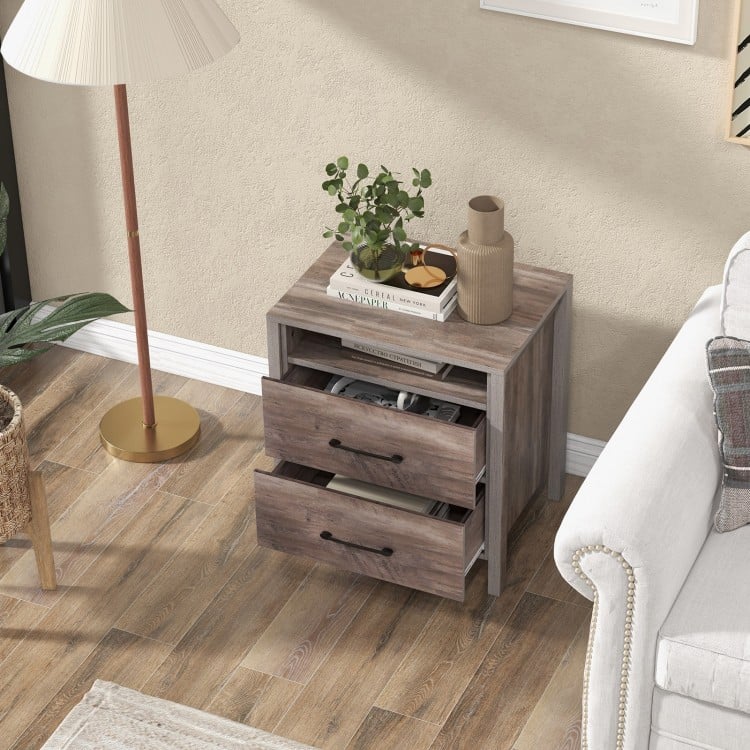 Nightstand with 2 drawers and open shelf in grey, featuring a sturdy design for versatile use in rustic or modern.