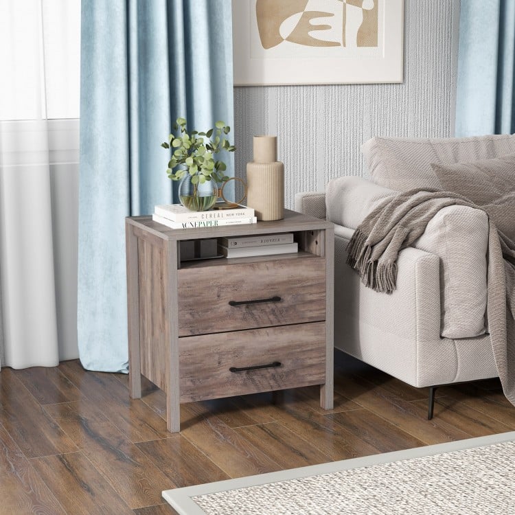 Nightstand with 2 drawers and open shelf in grey, featuring smooth metal slides, ideal for bedroom or living room use.