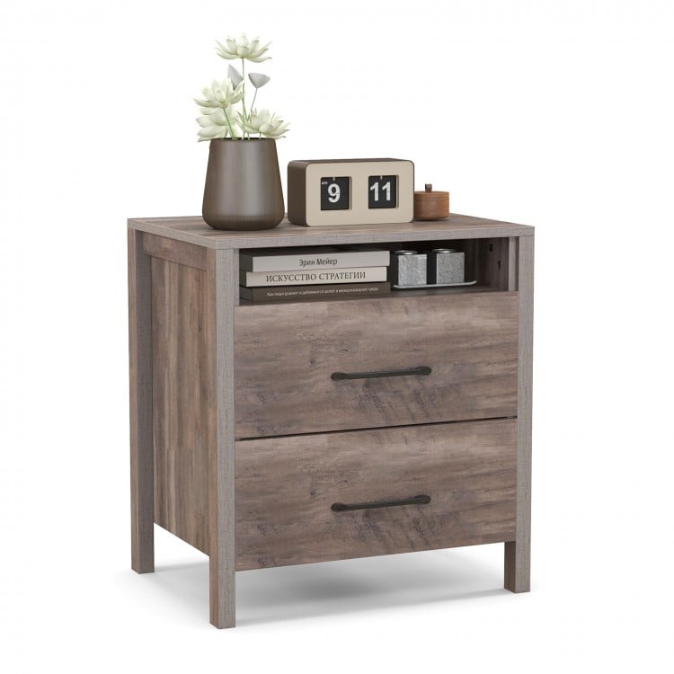 Grey nightstand with 2 drawers and open shelf, featuring a sleek surface and sturdy construction for versatile storage.