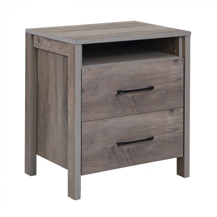 Grey farmhouse nightstand with 2 drawers and open shelf, featuring sturdy construction and smooth metal slides.