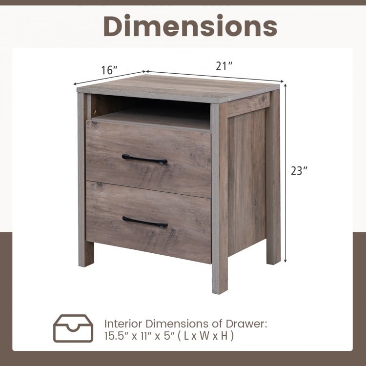Nightstand with 2 drawers and open shelf in grey, featuring smooth metal slides and sturdy construction for versatile.