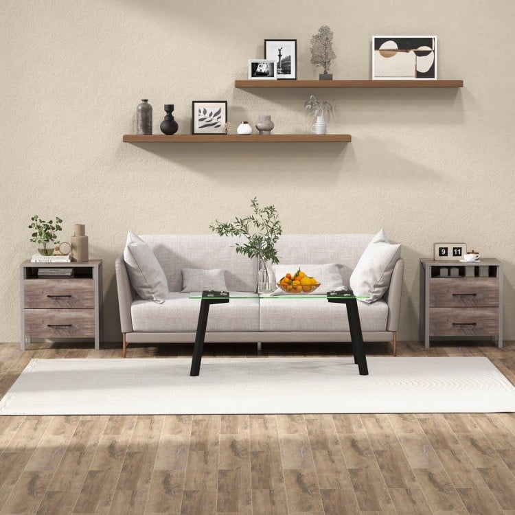 Nightstand with 2 drawers and open shelf in grey, perfect for rustic or modern decor in living room or bedroom.