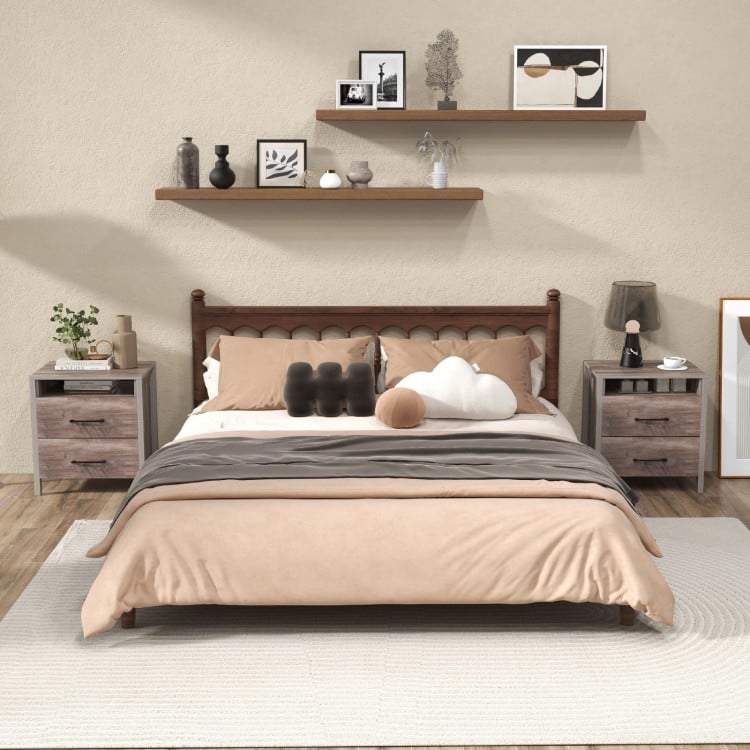 Grey farmhouse nightstand with 2 drawers and open shelf, perfect for bedroom or living room storage.