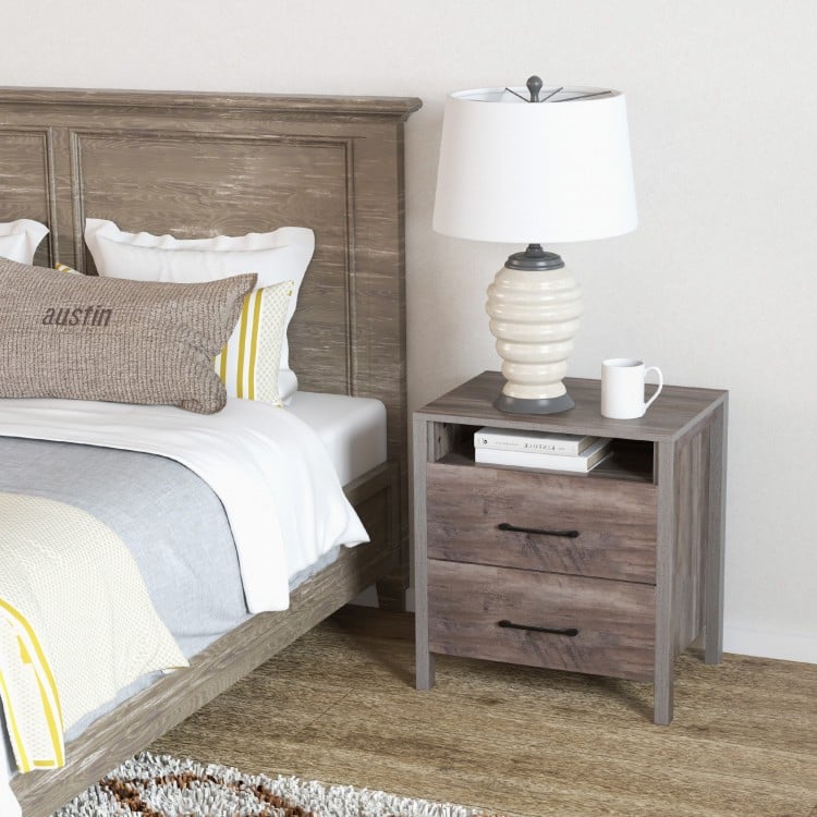 Grey farmhouse nightstand featuring 2 drawers and an open storage shelf, perfect for bedroom or living room use.