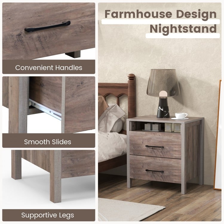 Nightstand with 2 drawers and open shelf in grey, featuring smooth slides and sturdy construction for versatile use.