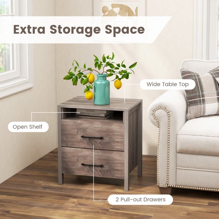 Nightstand with 2 drawers and open shelf in grey, featuring a wide table top for versatile storage in any room.