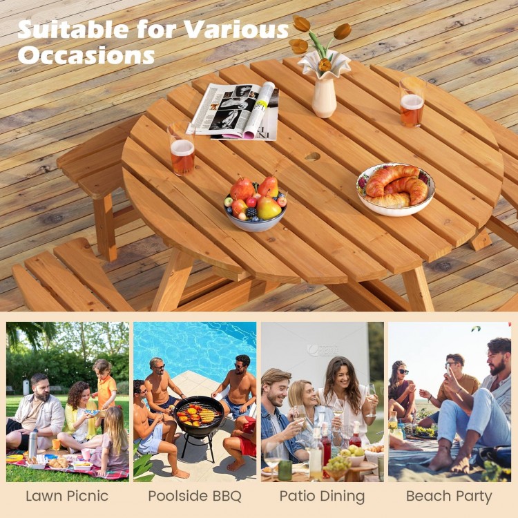 Round picnic table set made of fir wood with 4 benches, ideal for outdoor dining with family and friends.