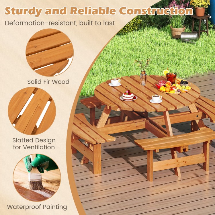 Round picnic table set made of natural fir wood, featuring slatted design and waterproof finish, perfect for outdoor.