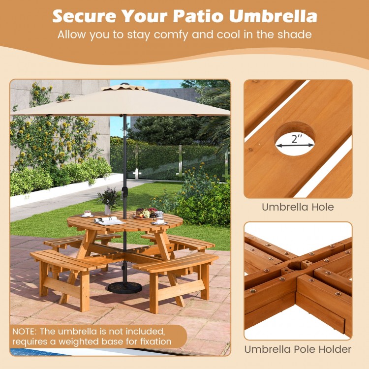 Round picnic table set with 4 benches in natural fir wood, featuring an umbrella hole for outdoor dining comfort.