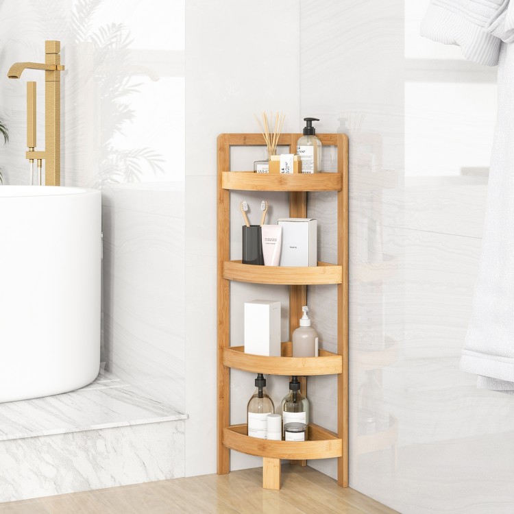 4-tier bamboo corner shelf with natural finish, designed for bathroom storage, featuring slatted shelves and a stable.