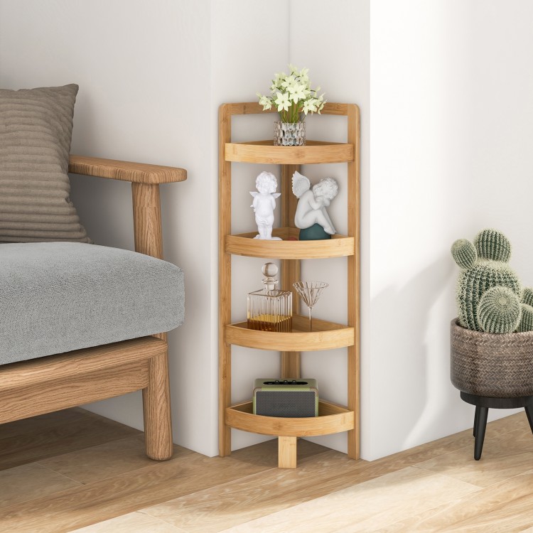 4-tier bamboo corner shelf with natural finish, featuring open storage for bathroom organization and maximizing corner.