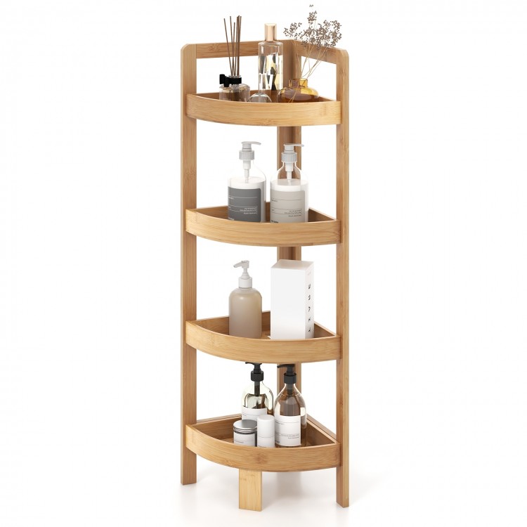 4-tier bamboo corner shelf with natural finish, ideal for bathroom storage and maximizing limited space.