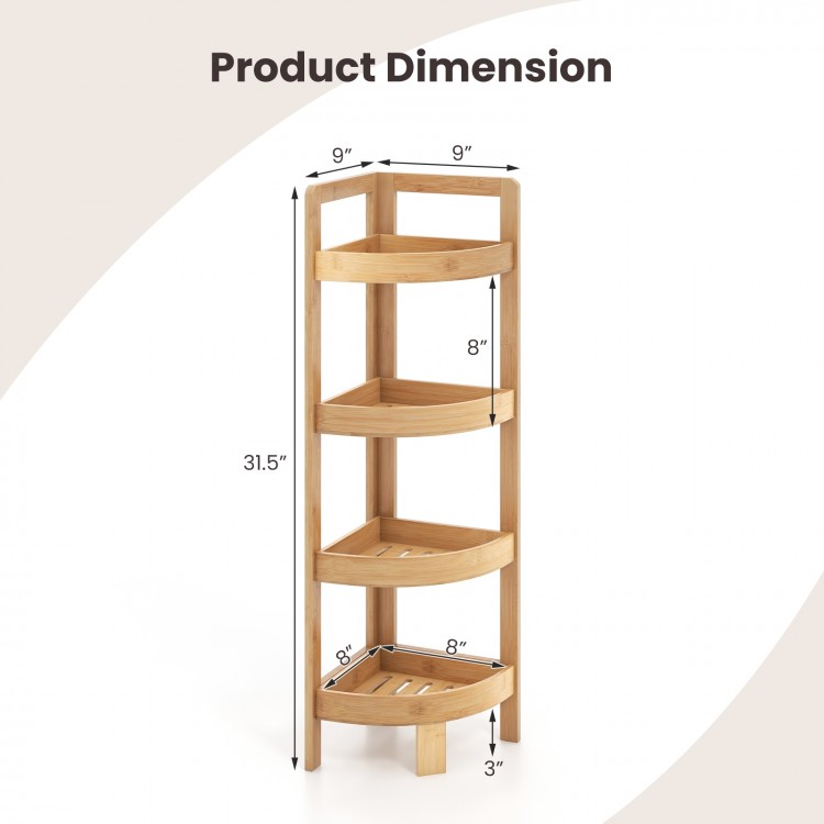 4-tier bamboo corner shelf with natural finish, measuring 31.5" high, designed for efficient bathroom storage.