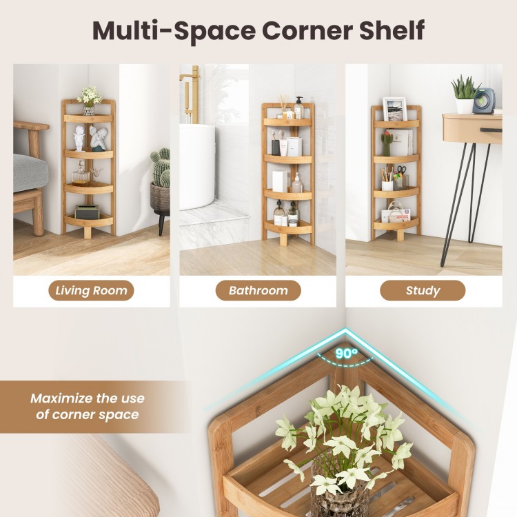 4-tier bamboo corner shelf with 90° design, ideal for bathroom storage and maximizing corner space.