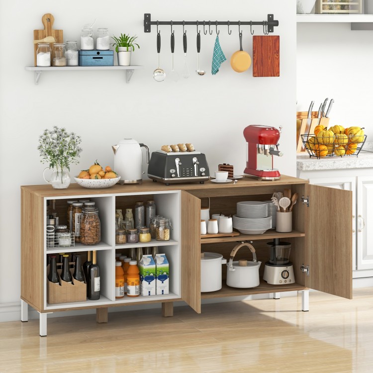 Buffet sideboard with 4 compartments, natural finish, adjustable shelves, and push-to-open doors for kitchen storage.