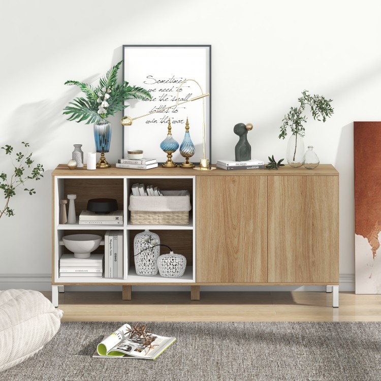 Buffet sideboard with natural wood finish, featuring 4 compartments and push-to-open doors for convenient storage.