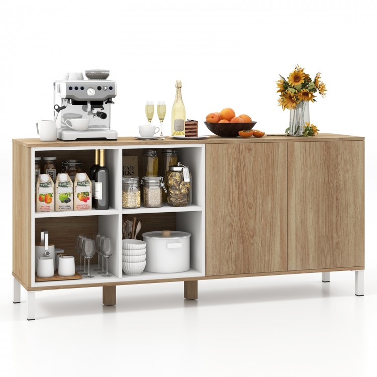 Buffet sideboard with natural wood finish, featuring 4 compartments and push-to-open doors for kitchen or living room.