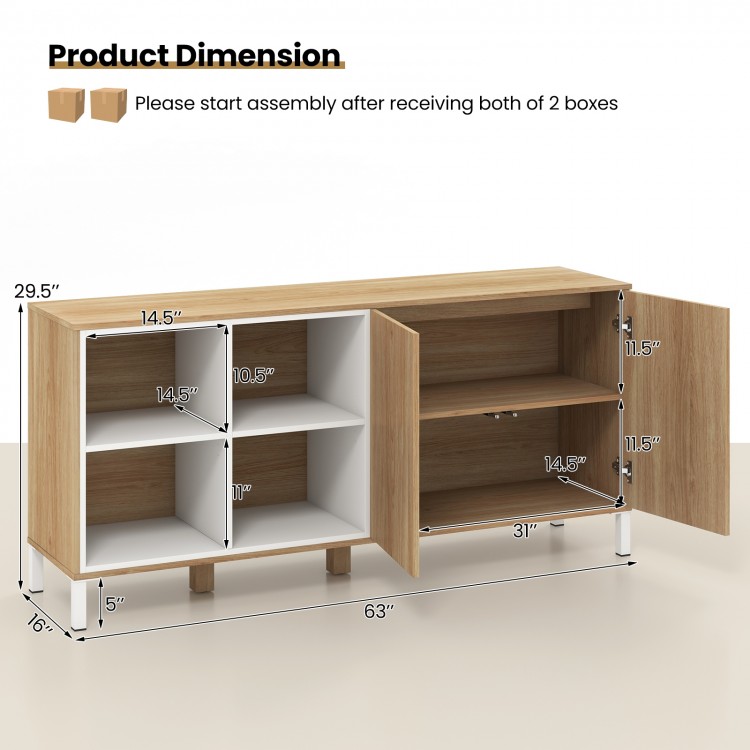 Buffet sideboard with natural finish, featuring 4 compartments and push-to-open doors, ideal for kitchen or living room.