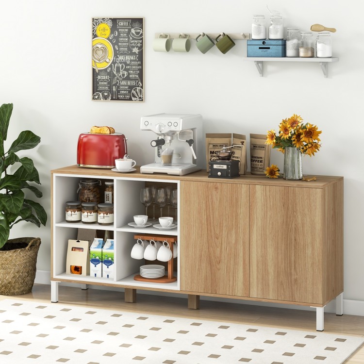 Natural wood buffet sideboard with 4 compartments, push-to-open doors, and adjustable shelves for versatile storage.