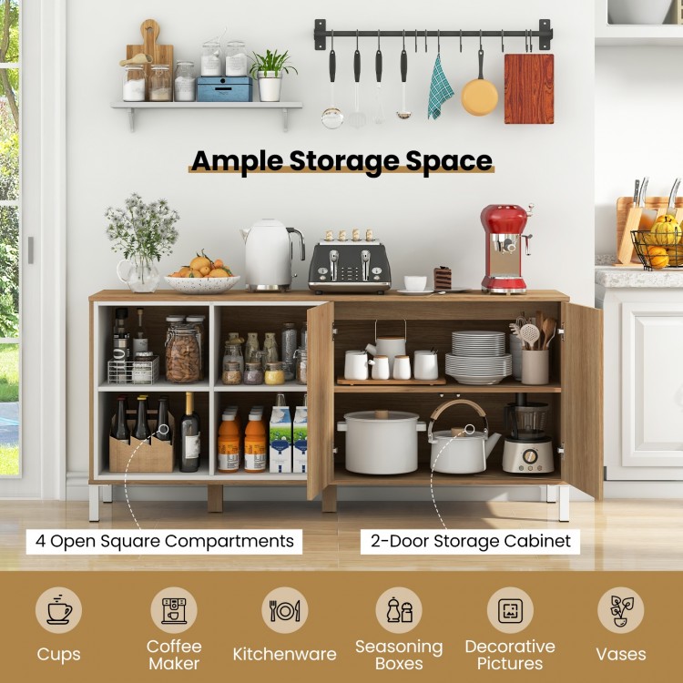 Buffet sideboard with 4 open compartments and push-to-open cabinet, ideal for kitchen storage and decor.