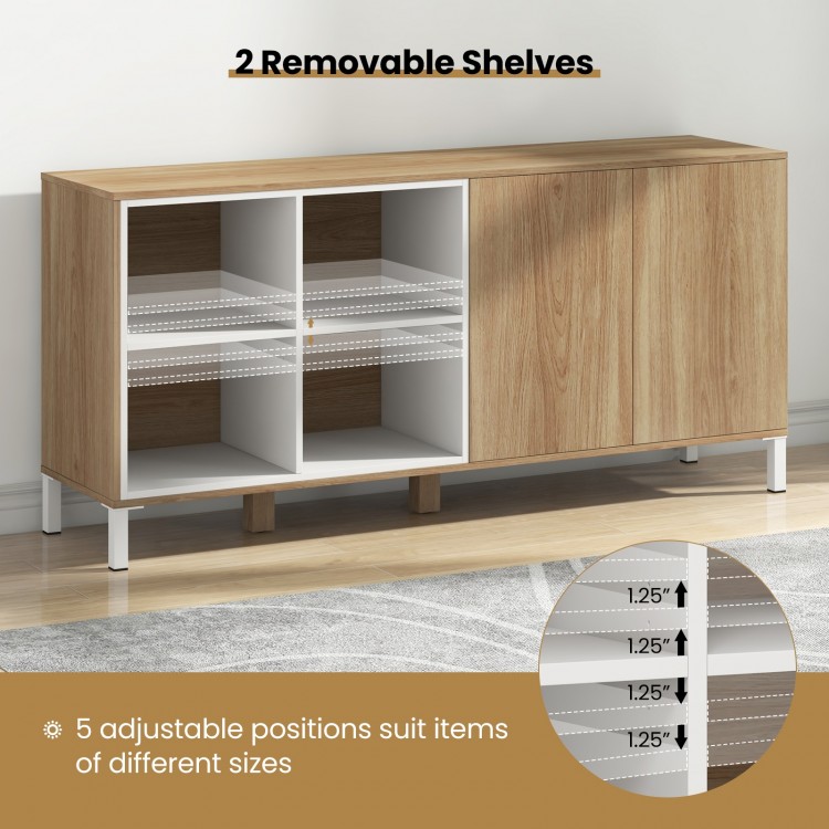 Buffet sideboard with natural wood finish, featuring 4 compartments and 5 adjustable shelves for versatile storage.