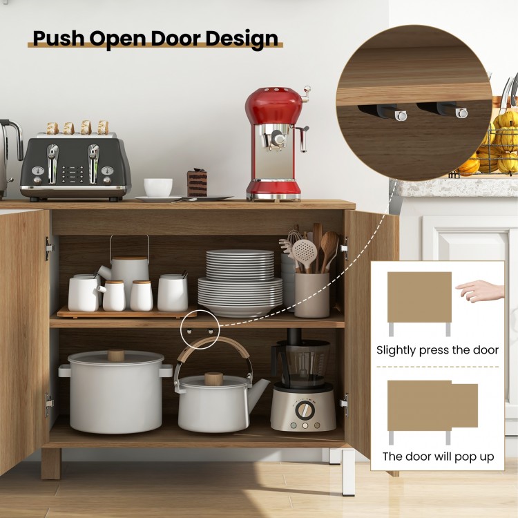 Buffet sideboard with push-to-open cabinet design, featuring ample storage and adjustable shelves for kitchenware.