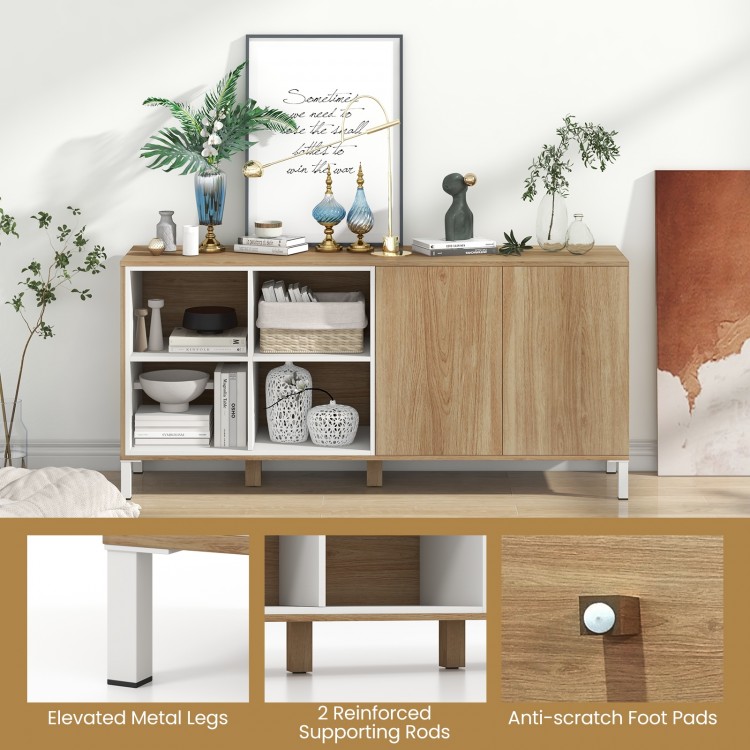 Buffet sideboard with natural finish, featuring 4 compartments, push-to-open doors, and elevated metal legs for.
