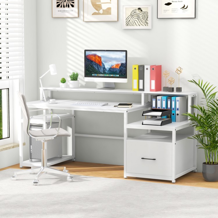 67-inch white computer desk with monitor stand, file drawer, and power sockets, ideal for home office organization.