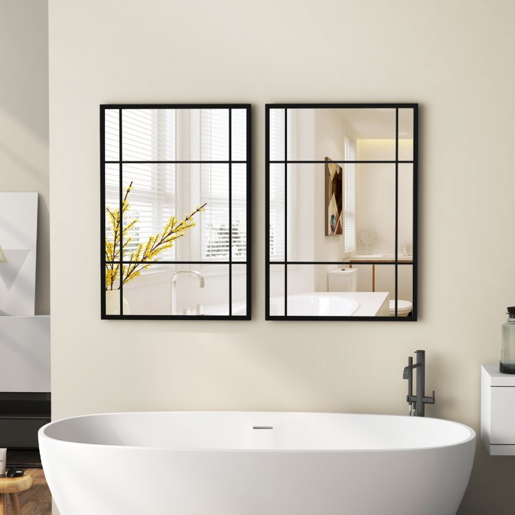Black metal framed wall-mounted mirror set, 40 x 28 inches, ideal for living room or bedroom decor.