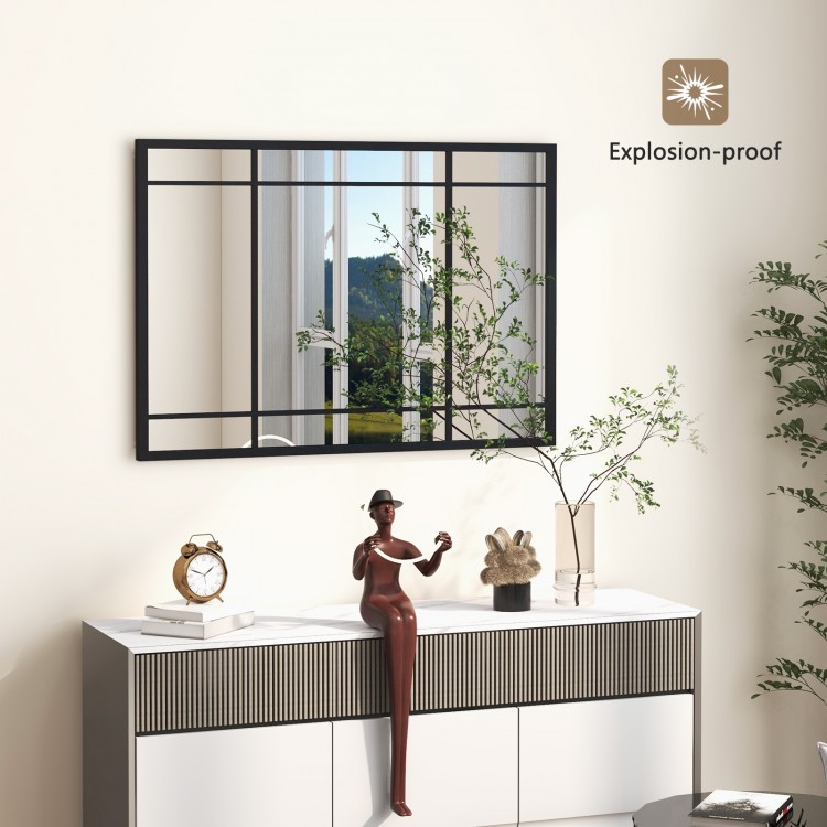 Black metal framed wall mounted mirror, 40 x 28 inches, shatterproof design for living room or bedroom decor.