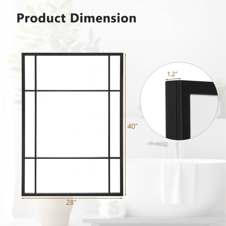 Black metal framed wall mounted mirror measuring 40 x 28 inches, suitable for various decor styles and shatterproof.