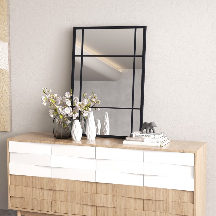 Black metal framed wall mounted mirror, 40 x 28 inches, ideal for living room or bedroom decor with shatterproof design.