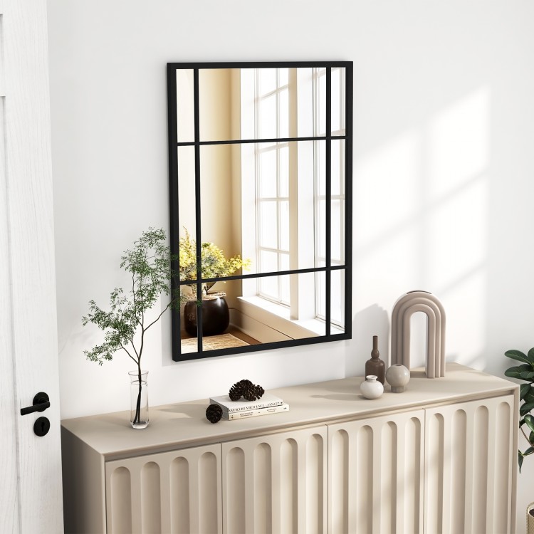 Stylish black metal framed wall mirror, 40 x 28 inches, perfect for enhancing rustic and modern decor in any room.