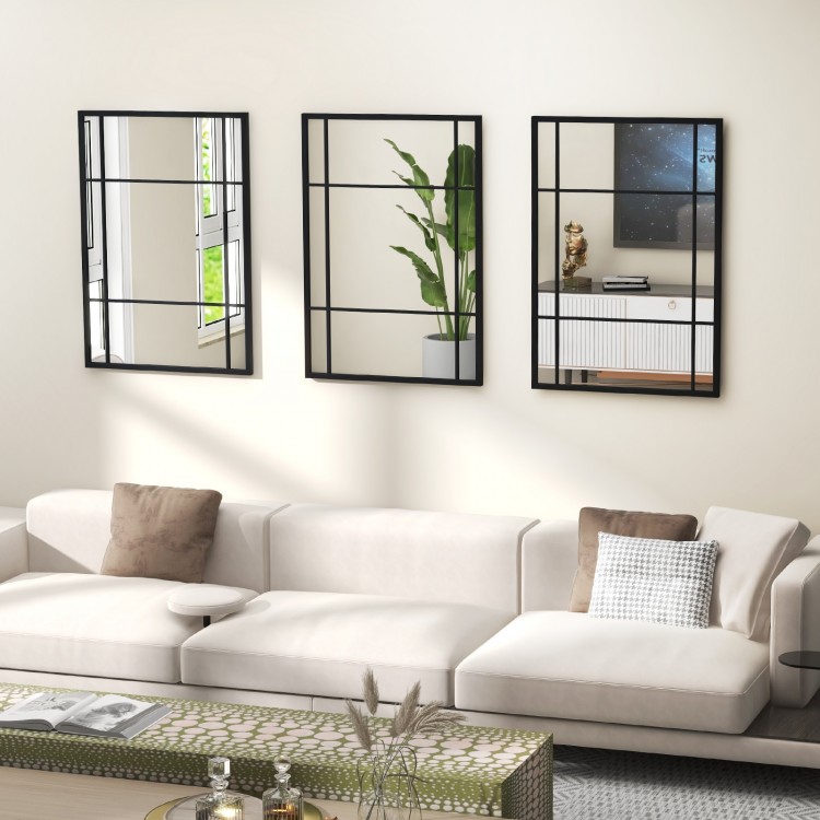 Three black metal framed mirrors, 40 x 28 inches each, enhance modern living spaces with a stylish, durable design.