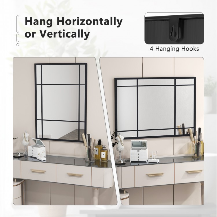 Black metal framed wall mounted mirror, 40 x 28 inches, suitable for vertical or horizontal hanging in various decor.