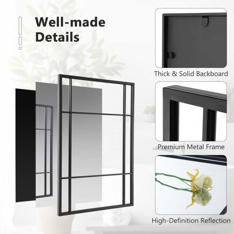 Black metal framed wall-mounted mirror, 40 x 28 inches, featuring shatterproof glass for safe, stylish decor in any.