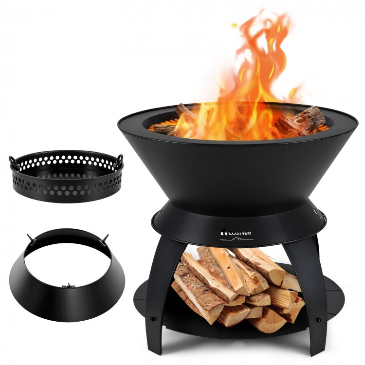 20-inch black patio fire pit with pot holder and storage shelf, designed for efficient burning and easy cleaning.