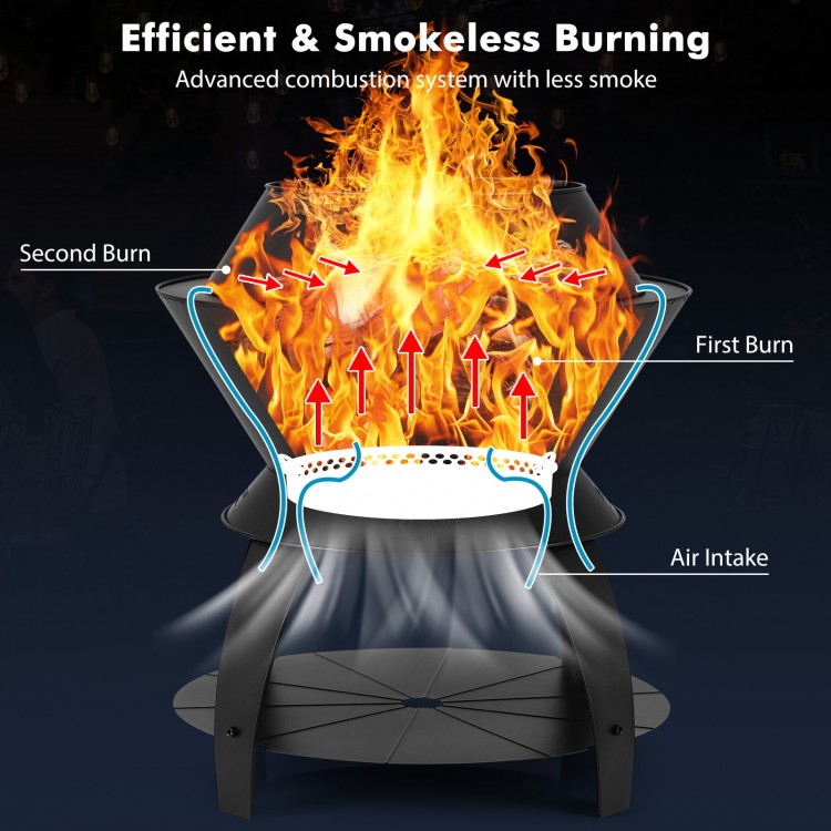 20-inch black patio fire pit showing efficient smokeless burning with air intake and dual combustion system for outdoor.