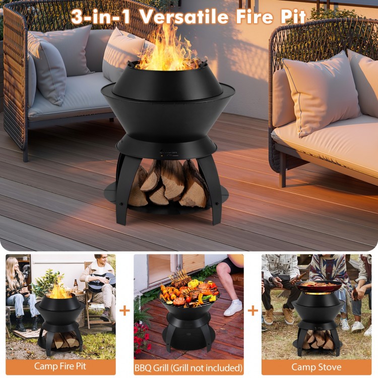 20-inch black patio fire pit with pot holder, perfect for camping, BBQ grilling, and efficient air circulation.