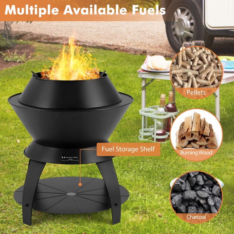 20-inch black patio fire pit with pot holder and storage shelf, designed for pellets, wood, and charcoal use.