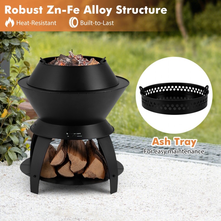 20-inch black patio fire pit with detachable pot holder, made of durable Zn-Fe alloy, perfect for camping and BBQ.